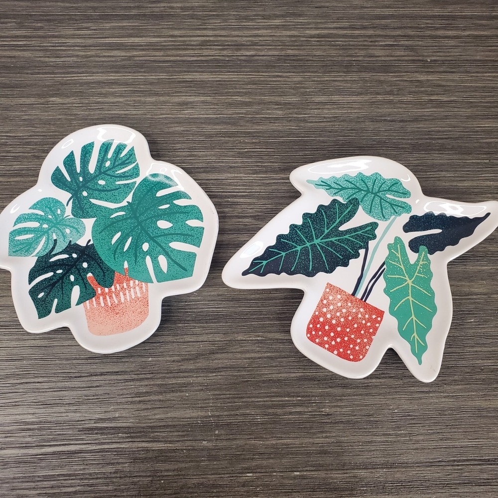 Ceramic Monstera Potted Plant Shaped Trinket Dish 5" Pair (2) Novelty Rings Coin